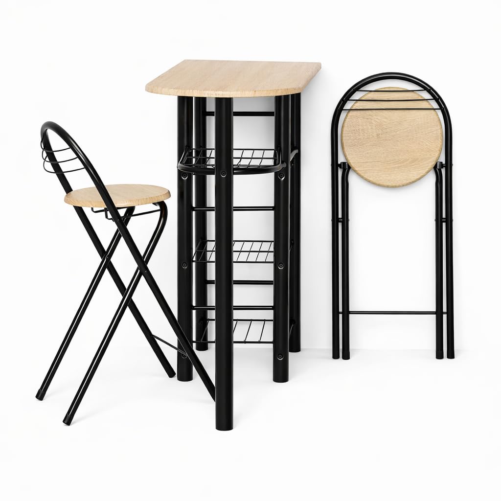 DUPI Conjunto de Mesa de Cocina Bar | Moderna con 4 Estantes | Funcional para Almacenar | Práctica con Taburetes Plegables | Tamaño ‎120 x 40 x 87 cm | Metal y Madera | Taupe/Negro,