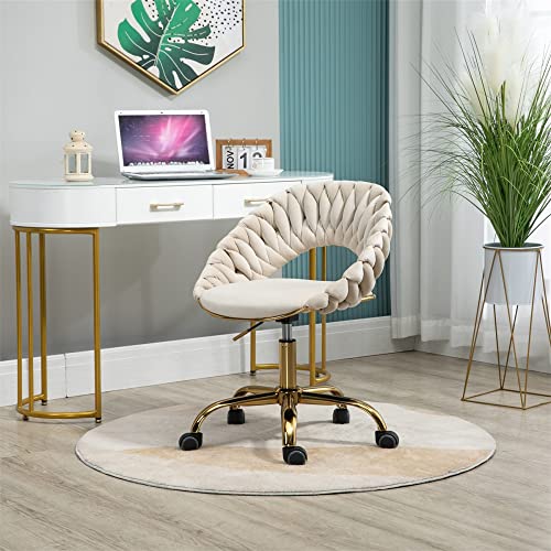 Swivel Office Chair, Velvet Upholstered Desk Chair with 5-Star Metal Base, Modern Accent Computer Chair with Curved Shell Back, Adjustable Height Cute Vanity Chair for Home Office Bedroom, Ivory