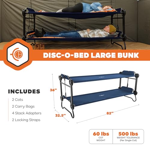 Image of Disc-O-Bed Large Outdoor Convertible 2 Person Bench and Double Camping Cot Portable Bed Bunk System for Adults, Navy