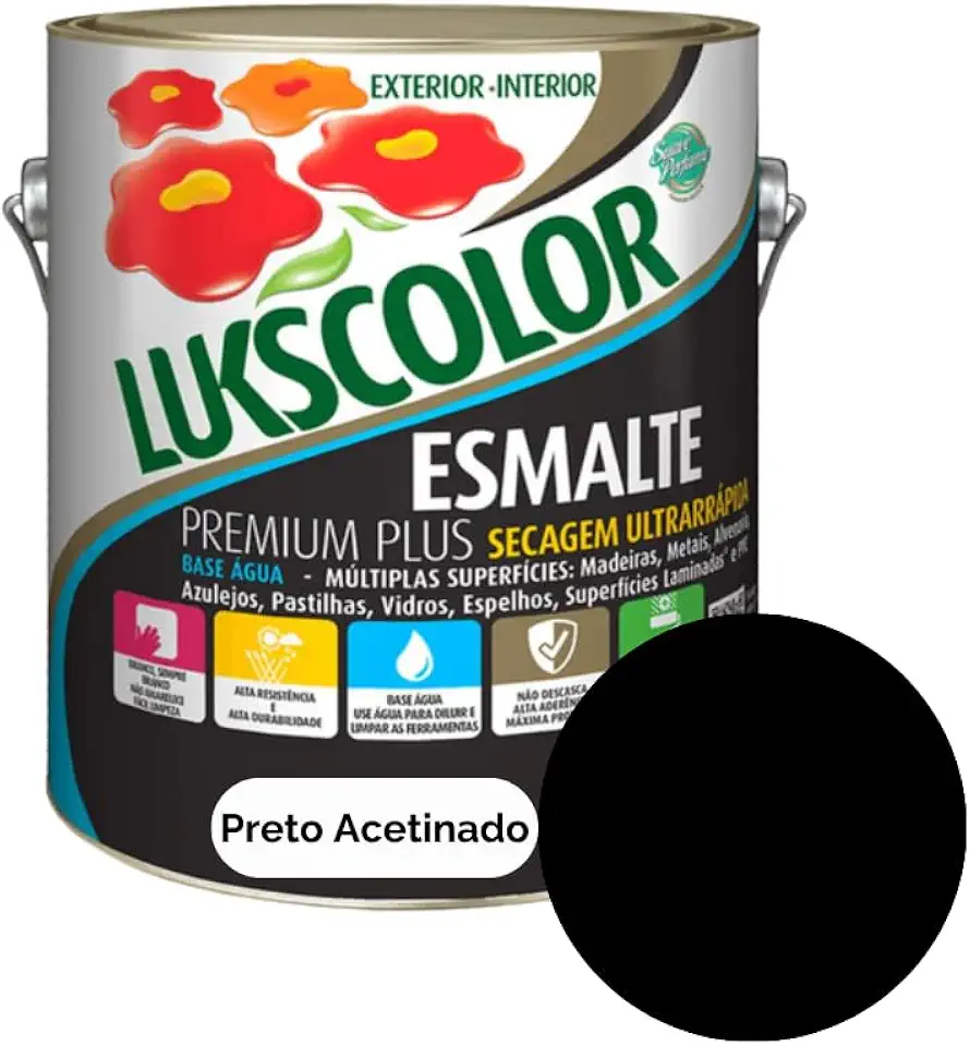 Tinta Esmalte Base Água 900ml Lukscolor - Cores (PRETO ACETINADO)