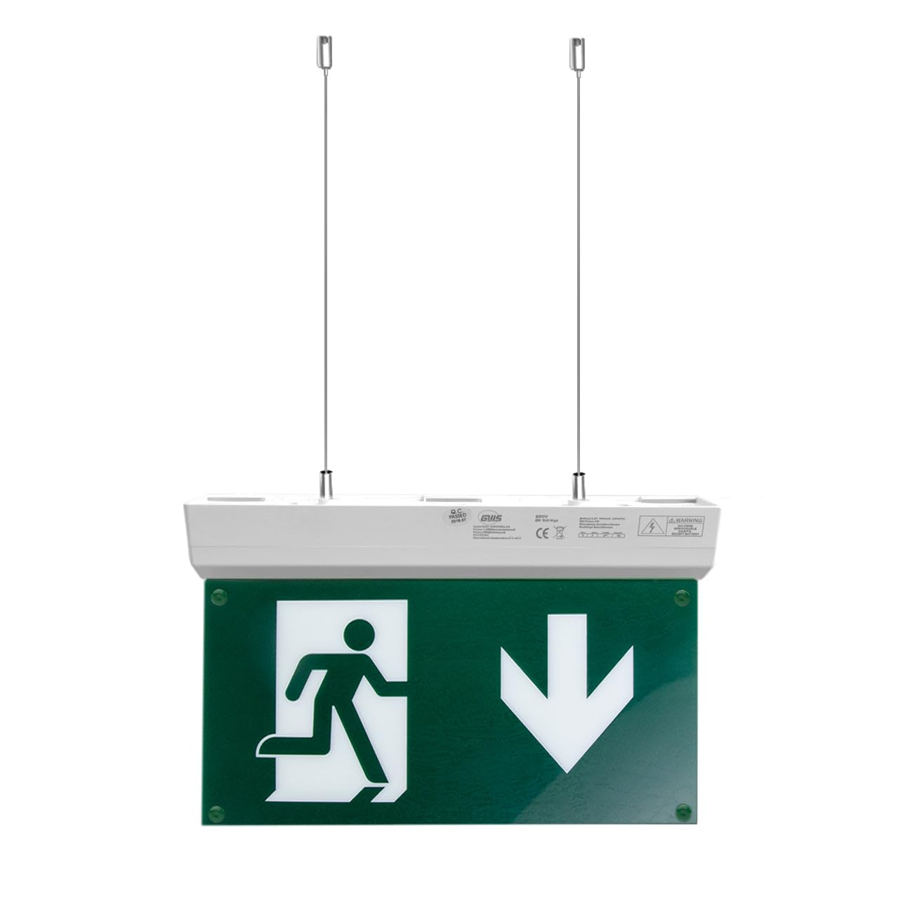 G.W.S® IP20 2W LED Emergency Exit Light, Non-Maintained/Maintained, 3 Hours Emergency Backup, Arrow Down with Suspended Kit