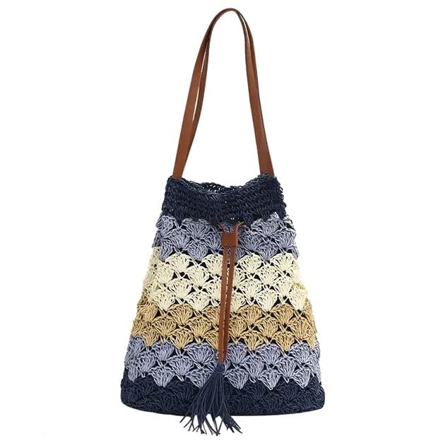 Image of MAIRO LIFESTYLE Straw Wicker Handmade Boho Summer Beach Drawstring Tote Bag