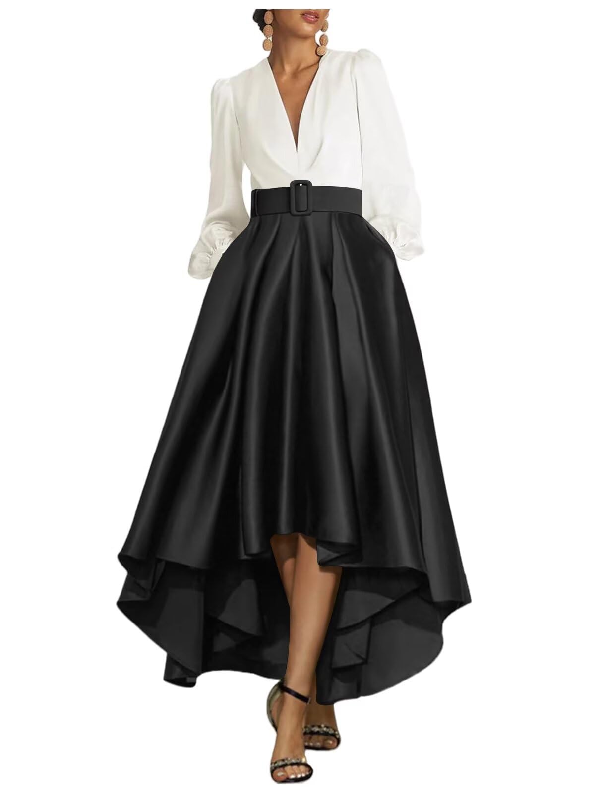 High Low Prom Dresses for Women Long Sleeve Elegant Evening Gown Satin A Line V Neck Wedding Guest Dress