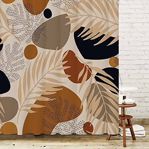 SHENGJUN 72x72 Inches Brown Leaves Shower Curtains Modern Abstract Full Leaf Plants Aesthetic Boho Fabric Printed Waterproof Polyester Shower Curtain for Bathroom with 12 Hooks