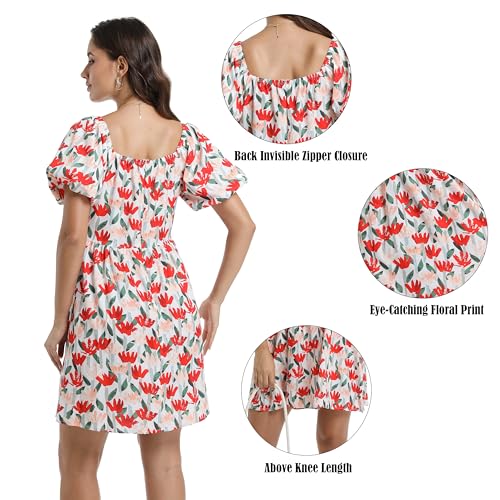 Women's Floral Mini Dress Square Neck Boho Puff Sleeve A Line Dress4