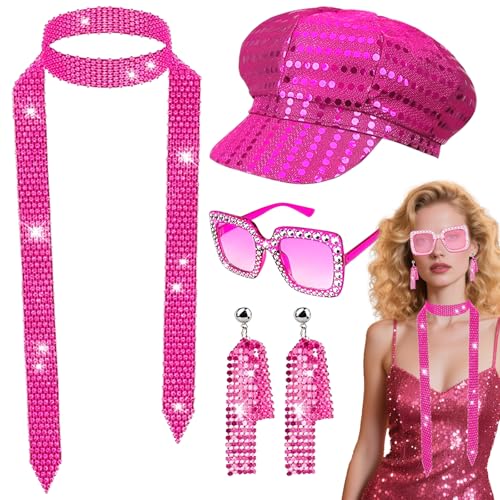 Kyndara 4Pcs Disco Costume for Women 1970s Disco Fancy Dress Accessories Set with Sequin Hat Bling Sunglasses Earrings Scarf for Adults Retro 70 Theme Party Dance (Pink)