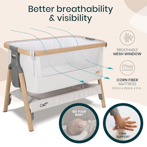 Image of Tutti Bambini CoZee 2-in-1 Baby Bassinet & Bedside Sleeper - Fast-Folding Bedside Bassinet, Baby Crib with 6 Mattress Heights & Breathable Mesh Window, Mattress Included, 0-6 Months (Silver & Oak)