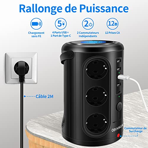 OBVHNUA 18 en 1 Multiprise Electrique 12 Prises 5 Ports USB Tour Multiprise 15W Charge sans Fil Parasurtenseur 2500W/15A Prise Verticale avec Protection Contre Surcharges pour Bureau Maison Cuisine – Image 3