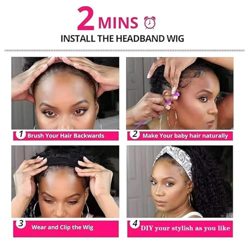 Image of Punmasa Deep Wave Headband Wig Human Hair 16 Inches Glueless None Lace Front Wigs Machine Made 150% Density Natural Color Human Hair Wigs for Women