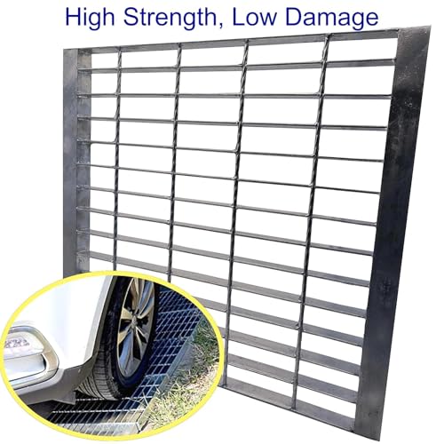 Image of Galvanized Steel Drain Grate with Lip 20x20 in, B-Class 28100 lbs Heavy-Duty Driveway Channel Cover w /Base, Outdoor Trench Drainage Grate, Silver Square Metal Sewer Cover for Garage