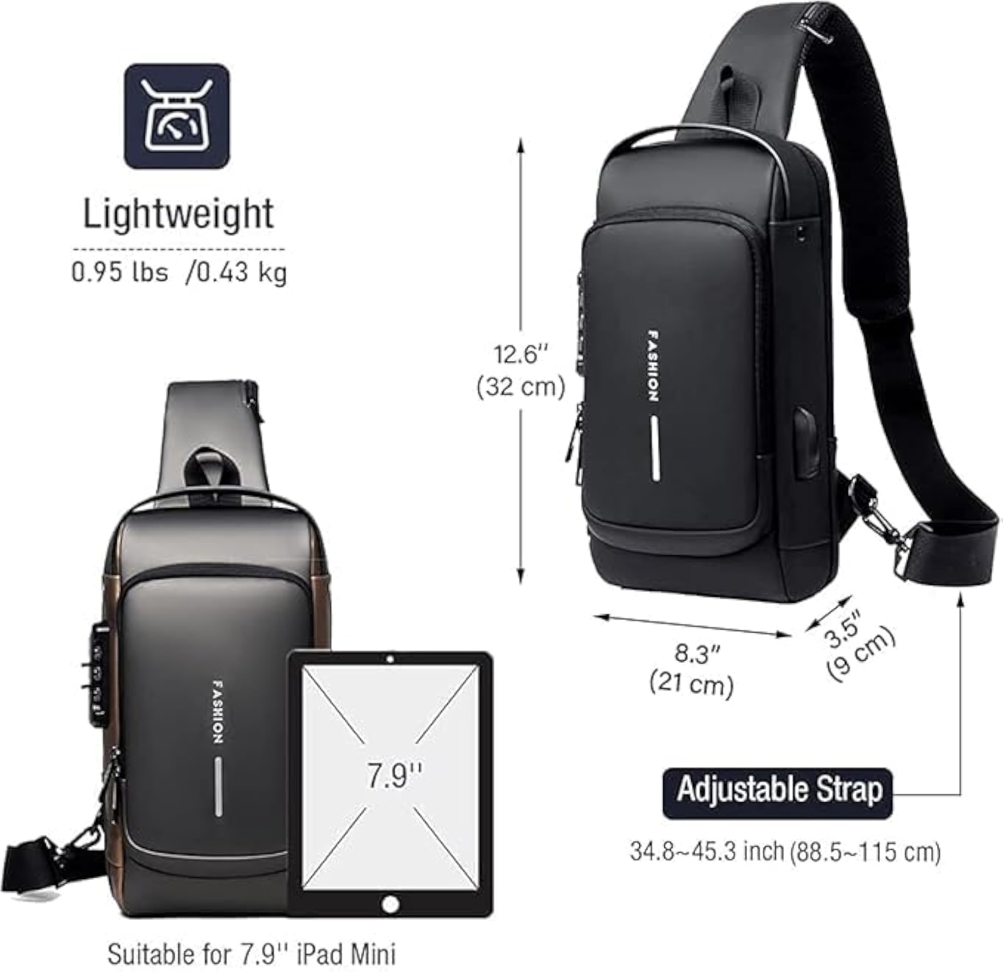 Business Sling Bag for Men, Waterproof with USB Port