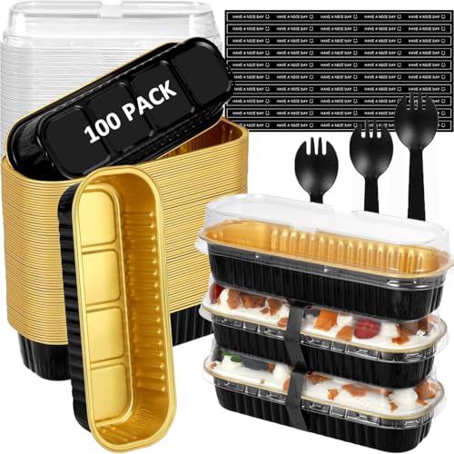 Reviews de Moldes desechables Top 10. 45 Juego de 100 mini moldes para tartas con tapas y cucharas, moldes rectangulares de aluminio de 200ml, mini sartenes para pan para hornear, recipientes para ramekins, cupcakes,...