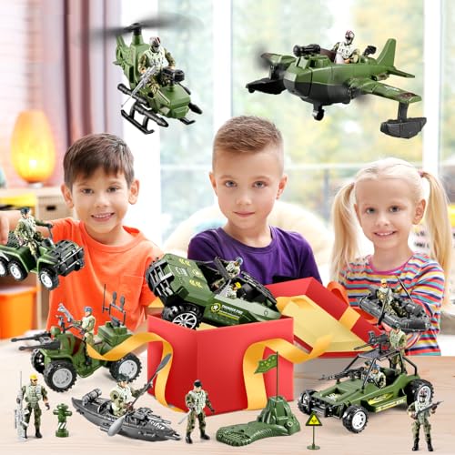 HOSPONY 58-in-1 Army Men Toys for Boys 4-7 6-8 8-12, Military Truck/Helicopter/Kayak Boat/Motorcycle/Army Men Action Figures/Weapon Gears, Army Toys for Boys Kids Birthday Gifts Party Favors