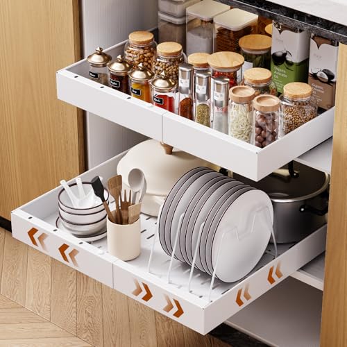 Image of OneDream 2 Pack Pull Out Cabinet Organizer, 21" Deep Slide Out Drawers for Kitchen Cabinets, No Drill Adhesive Pull Out Drawers for Cabinets, Roll Out Shelves Adjustable Width 12.05"-20.4"