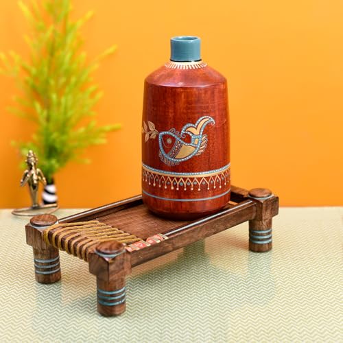 Image of Aakriti Art Creations Rustic Red Madhubani Vase with Ethnic Charpai Stand Handmade Terracotta Flower Vase with Wooden Chowki Base, Floral Design, Brown & Red Matte Finish for Living Room Decor