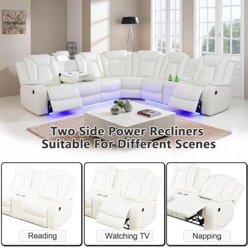 Image of Power Leather Recliner Sectional Sofa Set with LED Lights, Living Room Furniture Sets, L Shaped Reclining Sectional Couch and 3 Seats Sofa,Leather Couch with Coffee Table /Storage for Living Room