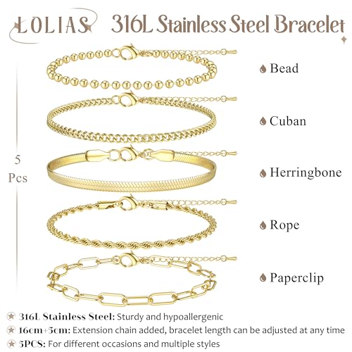 LOLIAS 5 Pcs Bracelet for Women Gold Silver Stainless Steel Stacking Bracelets Rope Cuban Figaro Bead Chain Gold Silver Bracelets Link Charm Bracelets Set Jewellery for Women - Image 6
