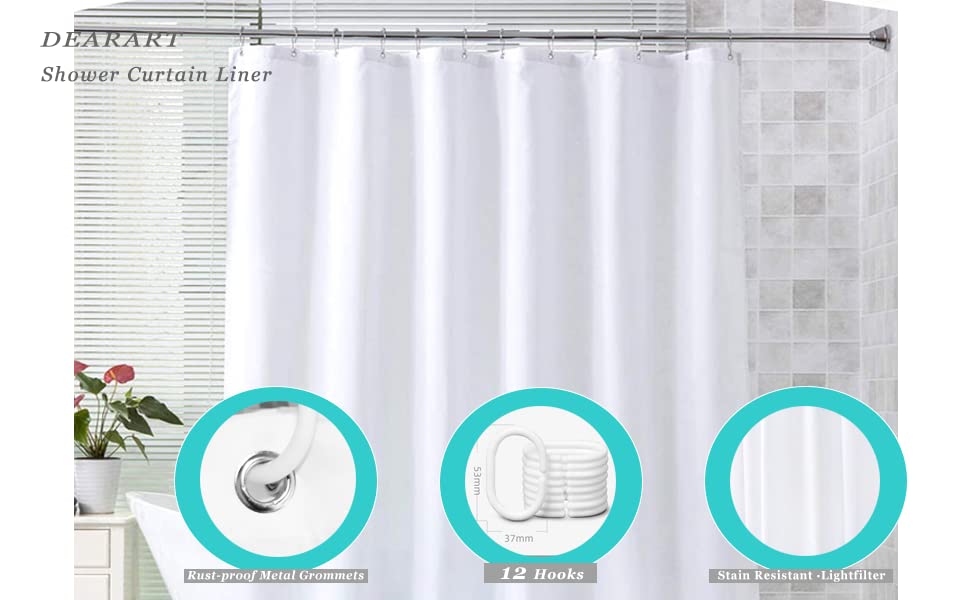 DEARARTBath Pure White Shower Curtain Liner for Bathroom, 60''W * 72''H inch Fabric Shower Curtains with Hooks 100% Waterproof Machine Washable, Easy Clean Easy Care