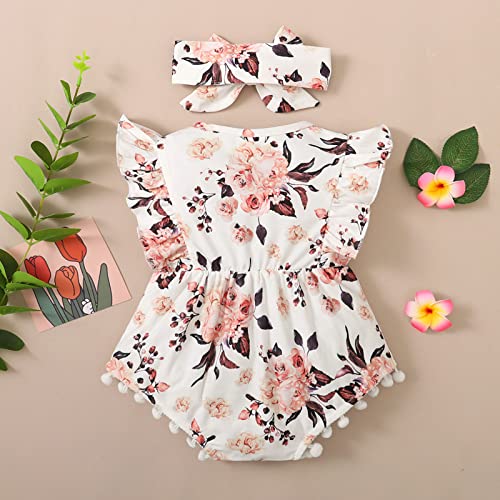 Toddler Girl Romper Toddler Kids Girls Infant Fly Sleeves Floral Lace Romper Jumpsuit Hairband Set (Pink, 12-18 Months)2