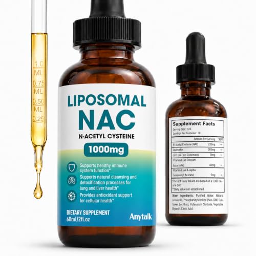 ANYTALK Liposomal NAC Drops N-Acetyl Cysteine 1000mg Liquid Supplement with Alpha Lipoic Acid Quercetin & Zinc Antioxidant Immune Liver & Lung Support Sugar-Free Adults & Kids