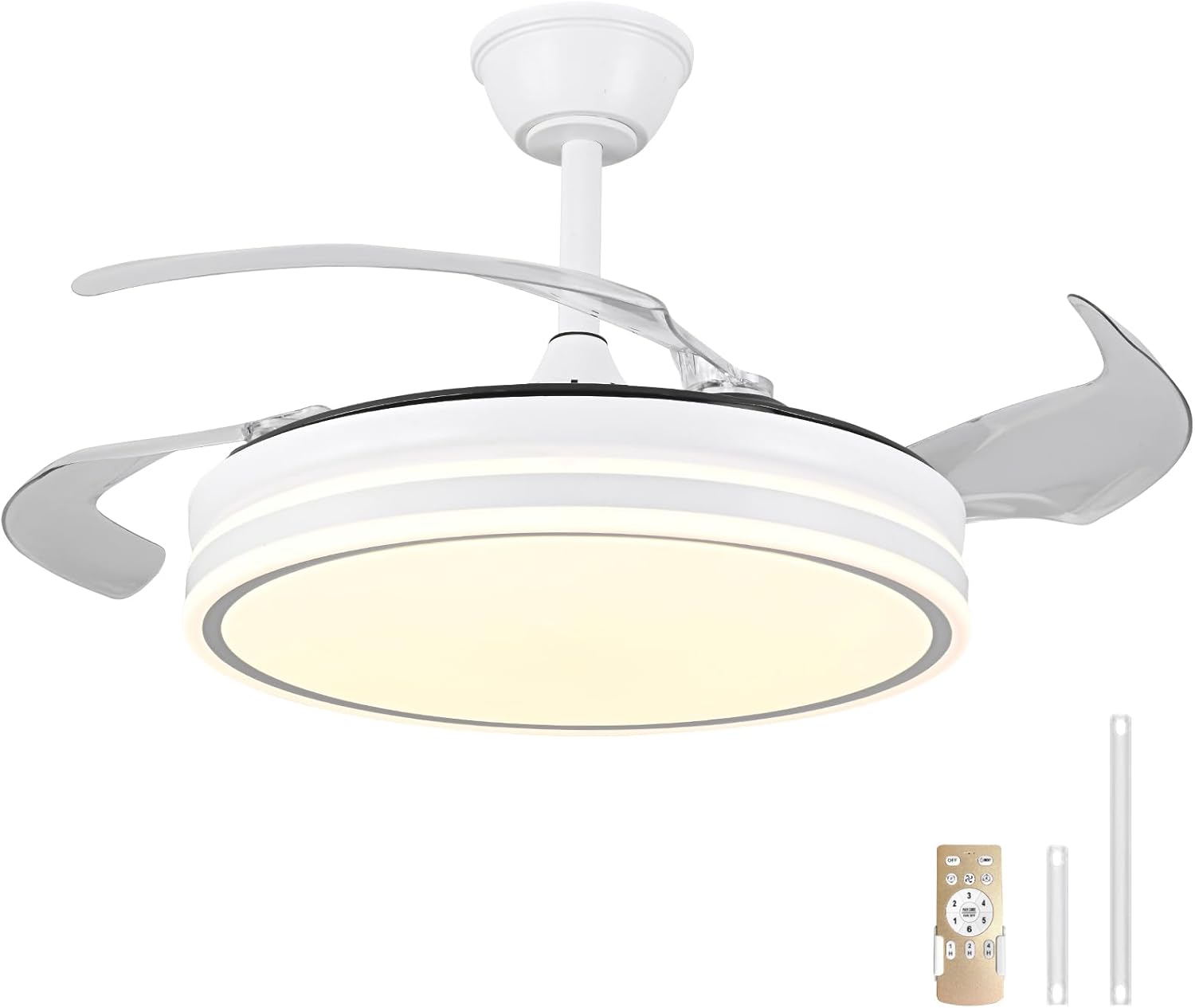 retractable ceiling fan with lights, 42 inch ceiling fans with light and remote control for bedroom living room dining room kitchen modern ceiling fan with led lights white