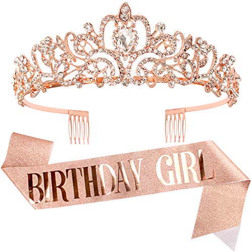Birthday Tiaras for Girls, Crowns for Women Birthday, Tiara for Women Birthday Queen with Birthday Girl Sash, Crown for Girls with Rose Gold, Tiaras and Crowns for Girls, Queen Tiara with Comb