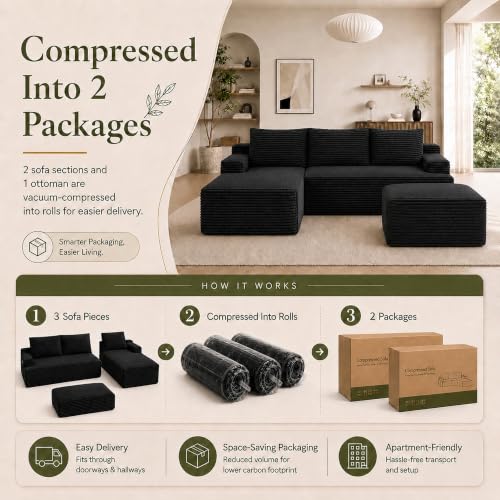 Image of Boneless Couch, Modular Sectional Couches for Living Room, U-Shaped Cloud Couch Sofa with Deep Seat, Fluffy Corduroy Upholstered Corner Sofa(96 inch Black Left,U Shaped)