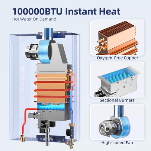 Image of Tankless Water Heater, Novieex On Demand Water Heater Propane Gas, Up to 4.3 GPM, 100000 BTU Instant Hot Water Heater with LED Display, Indoor Installation, 2-4 Point Use for Family Bathroom Kitchen