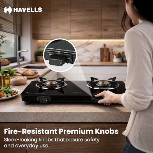 Image of Havells GEOSLIM Gas stove |2 Heavy Duty Forged Brass Burner|6 mm Toughened Glass|Premium Valves|Removable Drip Tray|Soft Touch Knobs|5 year Warranty on Burners, Glass & Valves by Havells (Black)