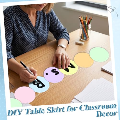 Image of 9FT Black Base White Polka Dot Table Skirt Set with 18PCS Pastel Paper Circles Teacher Desk Skirt for Classroom Decor Back to School Party Supplies Rectangle Cabinet Curtain for Office Dorm