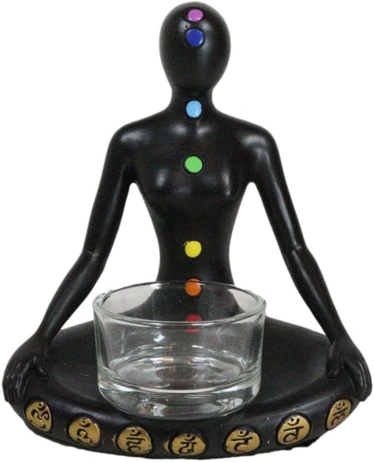 Ebros Gift Rainbow 7 Chakra Zones Black Yoga Avatar Meditating Tea Light Votive Candle Figurine with Zen Calligraphy Home Accent
