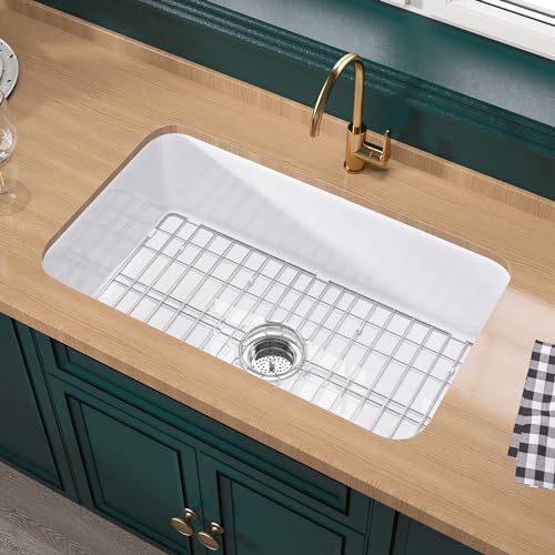 Miuara White Undermount Kitchen Sink 32 Inch - Large Topmount Fireclay Drop In Sink 32"x19"x10", Dual Mount Heavy Duty Deep Single Bowl, with 2 Custom Accessories, Glossy White, for Kitchen by Miuara - Used condition - US$225.10