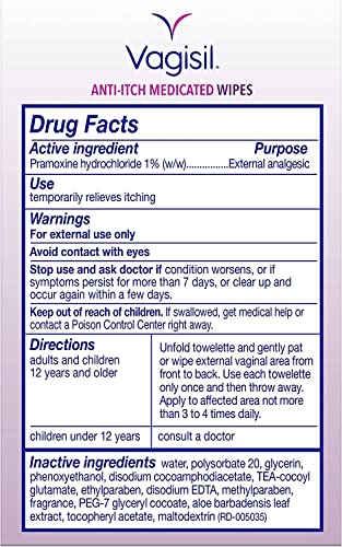 Image of Vagisil Anti-Itch Medicated Feminine Intimate Wipes for Women, Maximum Strength, Gynecologist Tested, 12 Wipes (Pack of 1)