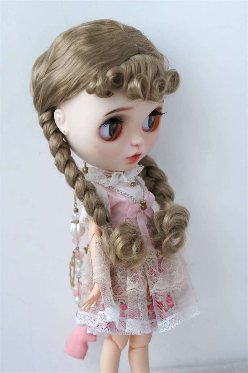 JD723 9-10inch 23-25cm Double Thick Braid Pony Curls Bangs Synthetic Mohair BJD Doll Wig (Ash Brown)
