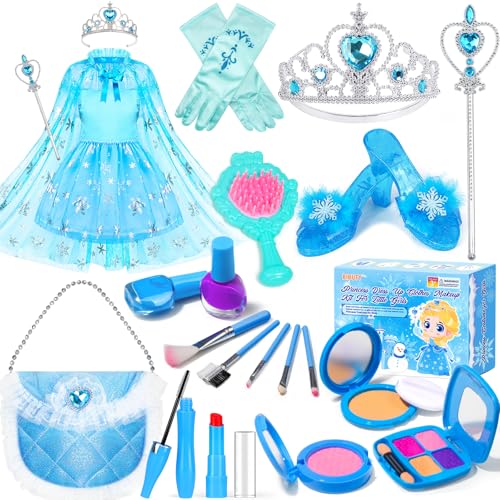 BIBUTY Pretend Play Fake Makeup Set Toy for Girls with Princess Dress Costume, Shoes, Crown - Gift for 3-6 Toddler Little Girls