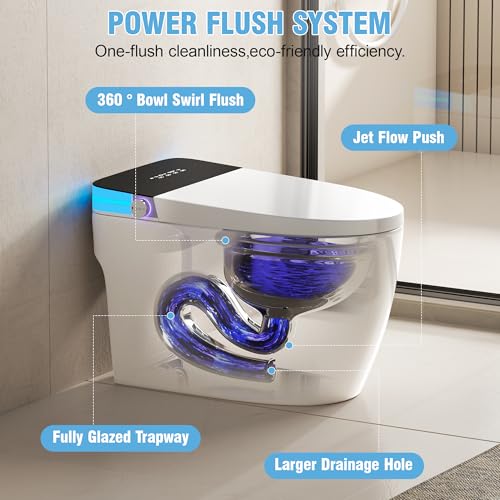 Image of Luxury Smart Toilet, Elongated One Piece Toilet with Heated Seat, Dryer, Auto-Lift Lid, Soft Close, Electric Tankless Bidet Toilets for Bathroom with Siphon Dual Flush 0.8 /1.2 GPF, MAP 1000g