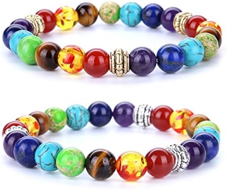 Bamsod 7 Chakra Healing Balance Energy Crystal Gemstone Beads Bracelets Set Yoga Jewelry8MM Beads 2pcs