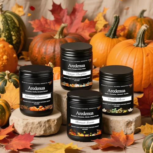 Image of Fall Candle | Caramel Cinnamon Scented Candle - Autumn Seasonal Candles for Fall - 7oz Soy Candles for Home Scented, Thanksgiving Halloween Holiday Gift for Home - 50 Hours Long Burning -Black Jar
