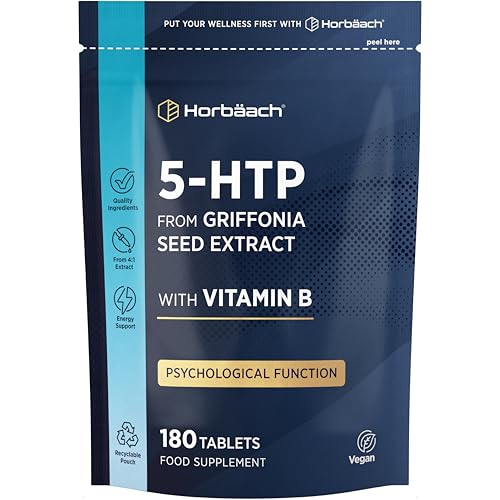 5HTP Supplement High Strength | 180 Vegan Tablets | 6 Month Supply - One A Day | from Griffonia Seed Extract | with Vitamin B5 | By Horbaach