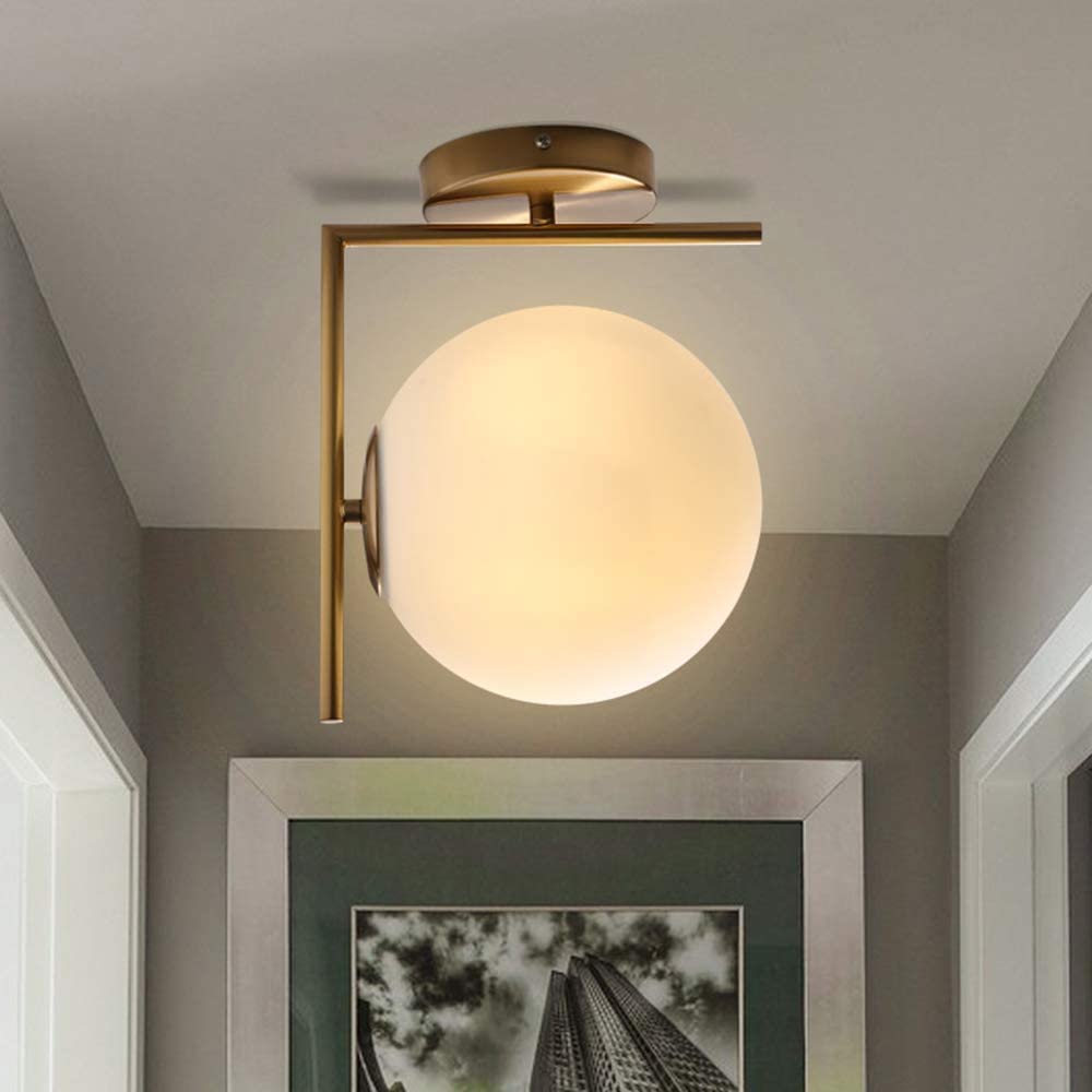 Szklana lampa ścienna Gniazdo E27 z białym szklanym kloszem w kształcie kuli Złoty metalowy wspornik Lampka nocna do sypialni Salon Przejście, oranżeria Ciekawe