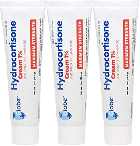 Globe Paquete de 3 crema de hidrocortisona de máxima fuerza al 1%, crema antipicazón para enrojecimiento, hinchazón, picazón, erupción cutánea,