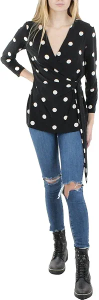 Anne Klein Womens Polka Dot Stretch Wrap Top
