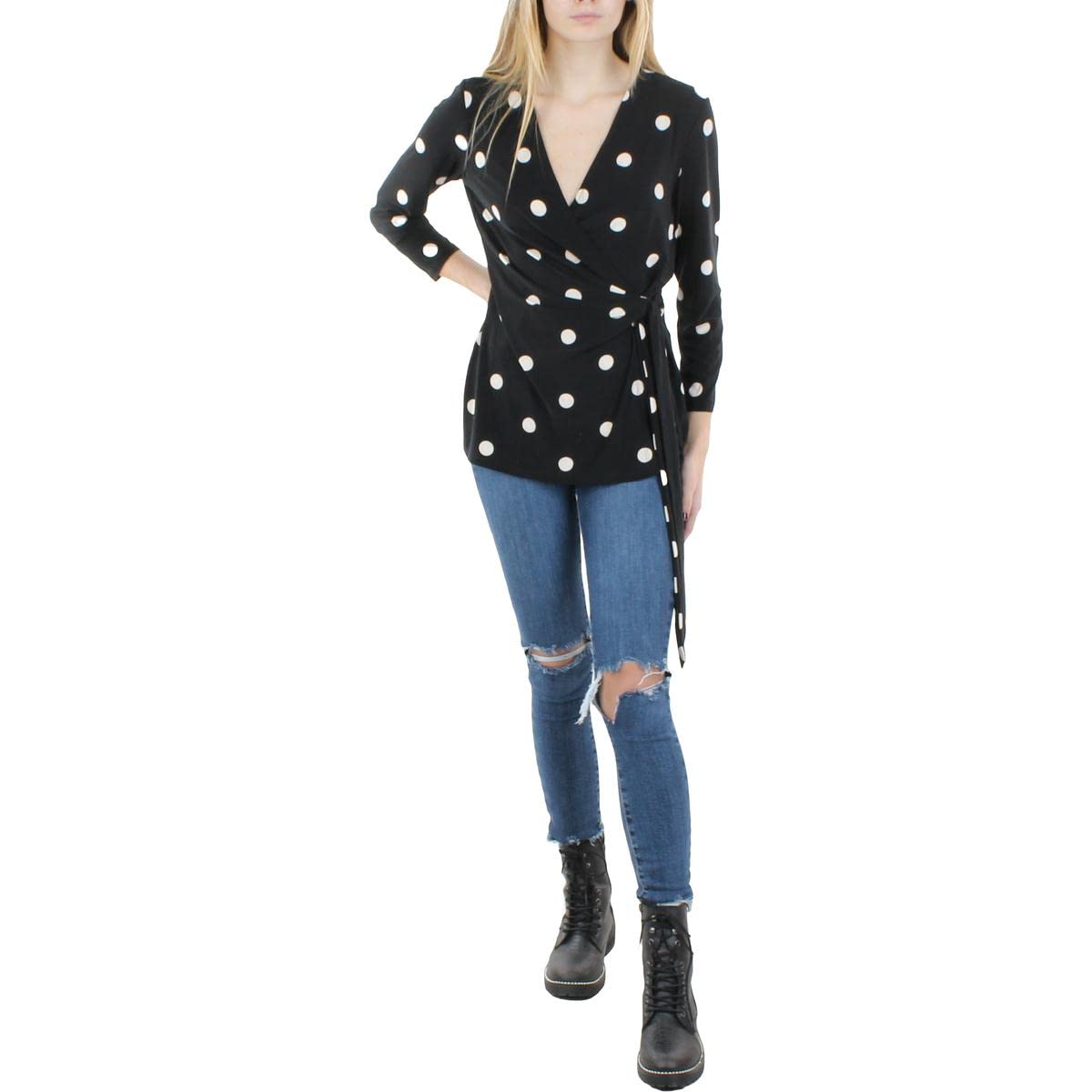 Anne Klein Womens Polka Dot Stretch Wrap Top