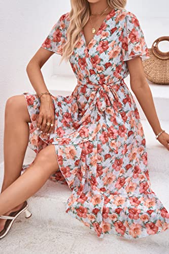 PRETTYGARDEN Women's Summer Floral Boho Maxi Dress Wrap Short Sleeve V Neck Ruffle A-Line Flowy Wedding Guest Long Dresses