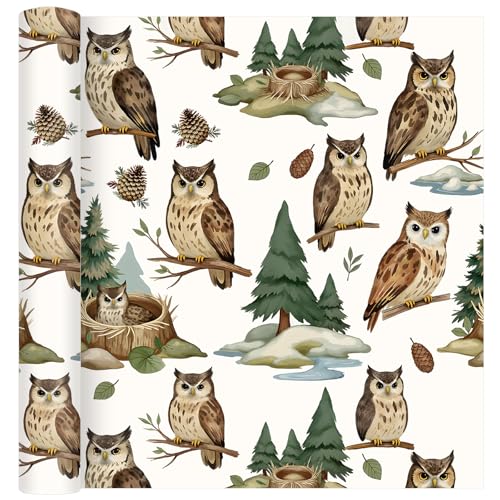 Pineraap Owl Wrapping Paper Roll with Owl and Green Pine Design, Bird Themed Gift Wrap Paper for Hol