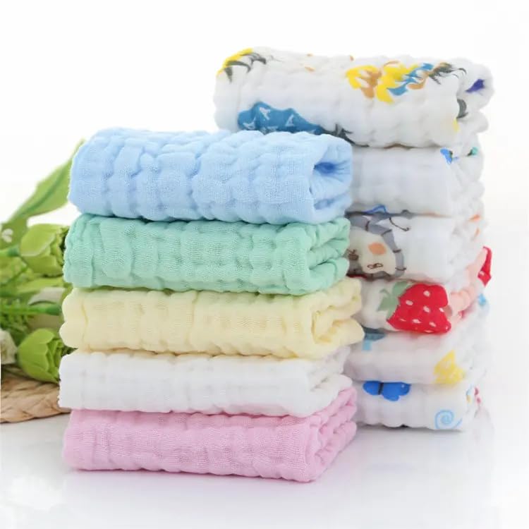 Image of Premium Muslin Baby Burp Cloths - Ultra Soft & Absorbent, 6 Layers for Newborns & Infants - Pack of 5 /10 - Baby Essentials for Baby Feeding (Plain Multicolour and White Printed, Pack of 10)