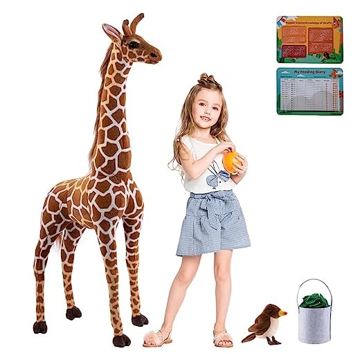 OHKIDS 47” Large Giraffe Stuffed Animal Set, Giant Giraffe Plush Toys with Birds, Leaves, Basket, Tall Giraffe Toy Standing Lifelike, Gift for Kids Nursery Baby Shower Party