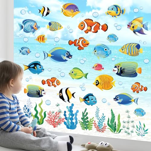 decalmile Fensteraufkleber Unter dem Meer Fische Fenster Abziehbilder Unterwasserwelt Seegras Meerestiere Fische Anti-Kollision Fenstersticker Badezimmer Glas Sommer Fensterdeko Aufkleber