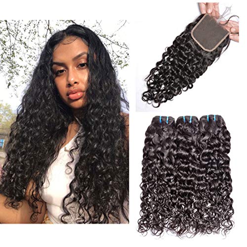 Brazilian Water Wave 3 Bundles With Closure Wet And Wavy 8A Virgin Curly Human Hair Weave Bundles With 4x4 Lace Closure Free Part (20 22 24 + cl 18)