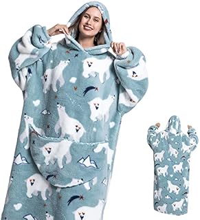 Oversized Blanket Hoodie with Sleeves Front Pocketed Sweater Blanket Giant Hooded Blanket Velvet Printed Sweatshirt Blanket One Size Soft Warm Wearable Blanket for Man Women Adults(Polar bear)